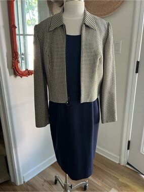 Cropped Houndstooth Jacket Over Navy Sheath Dress